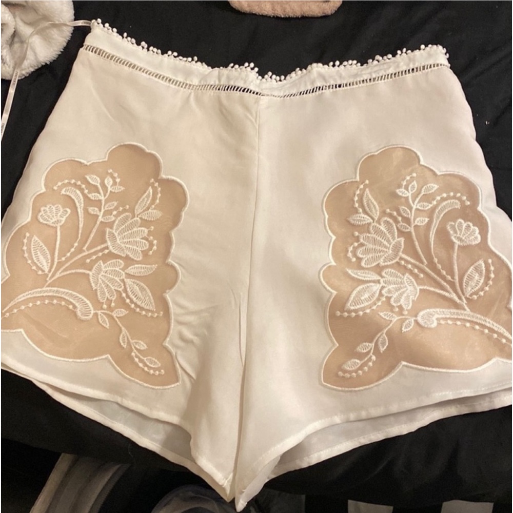 Rare off white ecru high waisted formal bridal shorts w tulle & embroidery